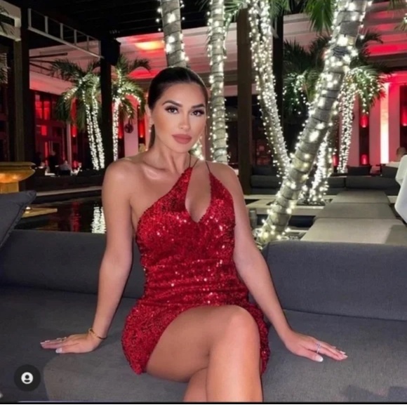 Zara Sparkling Red Asymmetrical Dress - Picture 2 of 5